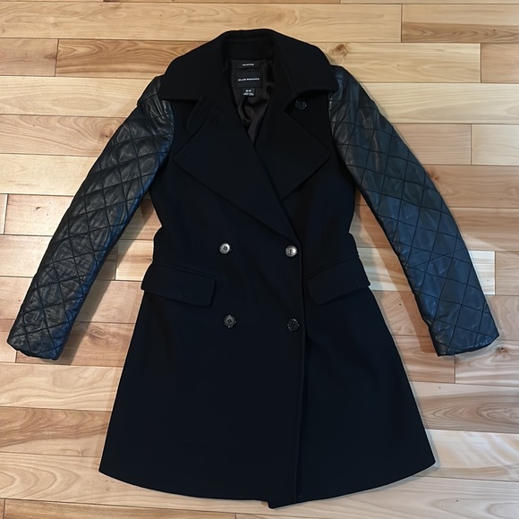 Club Monaco Carolina Italian Wool Pea Coat Lamb Leather sleeves Black size XS - Picture 5 of 13